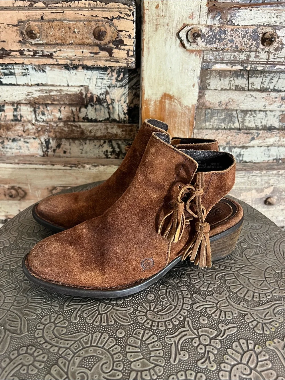 Born Monikah Brown Suede Leather Tassel Cutout Ankle Boots, Booties, EUC, 6M